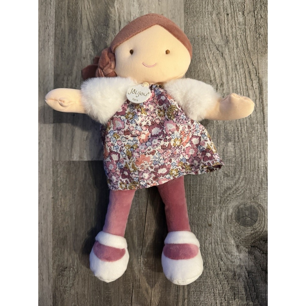 Jolijou Paris Demoiselle Pretty Plush Doll Purple Print Brown Hair Floral Lovey